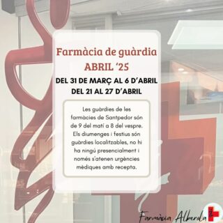 🗓 Els dies de guàrdia d'aquest mes d'abril 🌸

#farmàciadeguàrdia #santpedor #farmàciaalberola #guàrdia #🏥